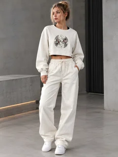 Teen-style cropped sweatshirt with tie-up detail and Oriental bird embroidery (Code: 0158)